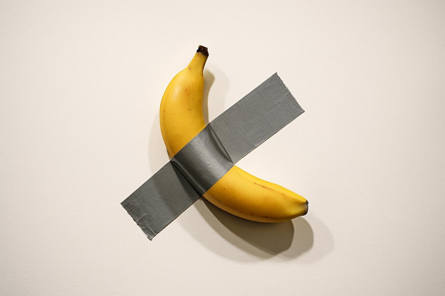 Uma banana amarela presa a uma parede branca com um pedaço de fita adesiva cinza, obra de arte conceitual Comedian.