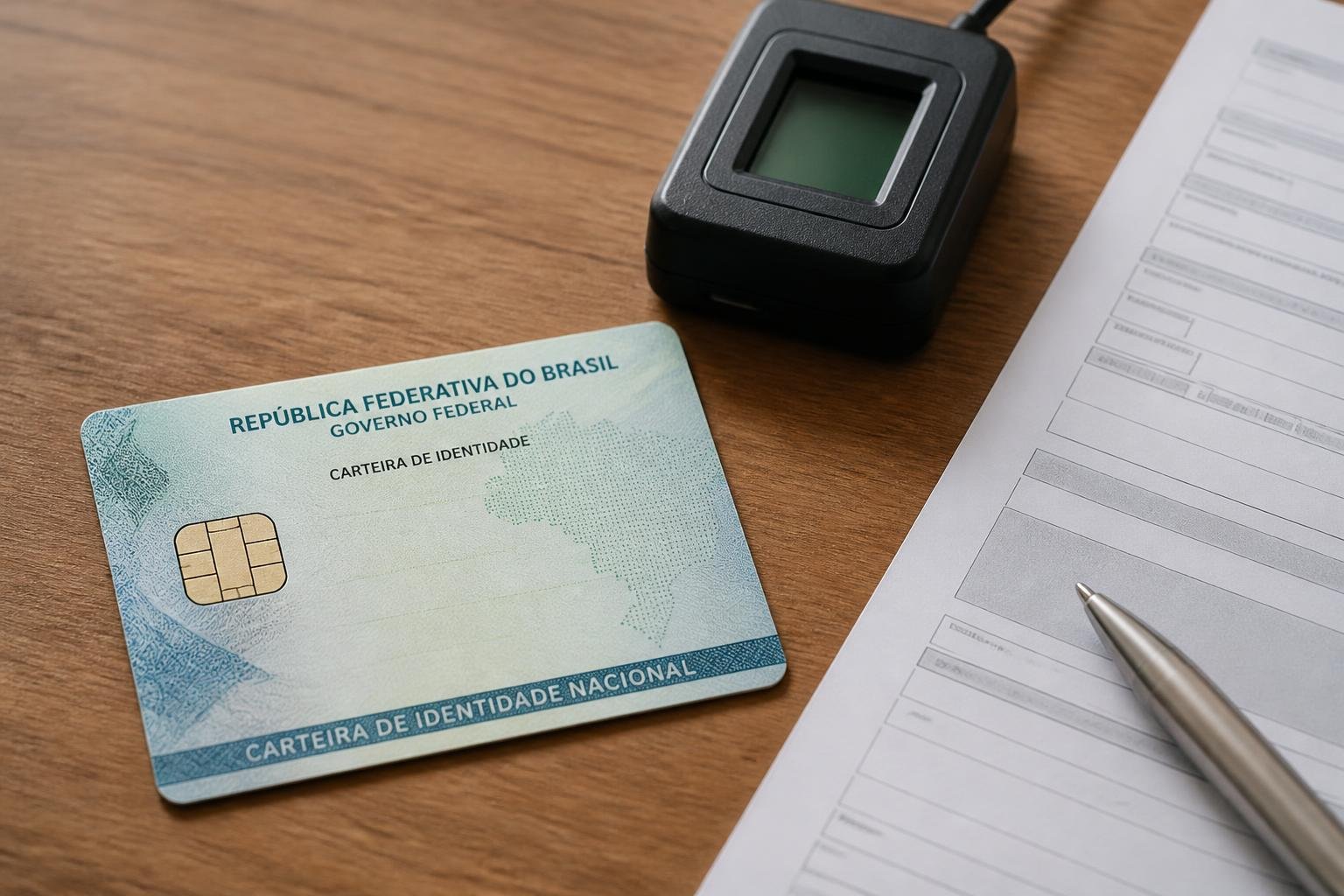 Carteira de Identidade Nacional sobre mesa com leitor biométrico de digitais e formulário impresso ao lado