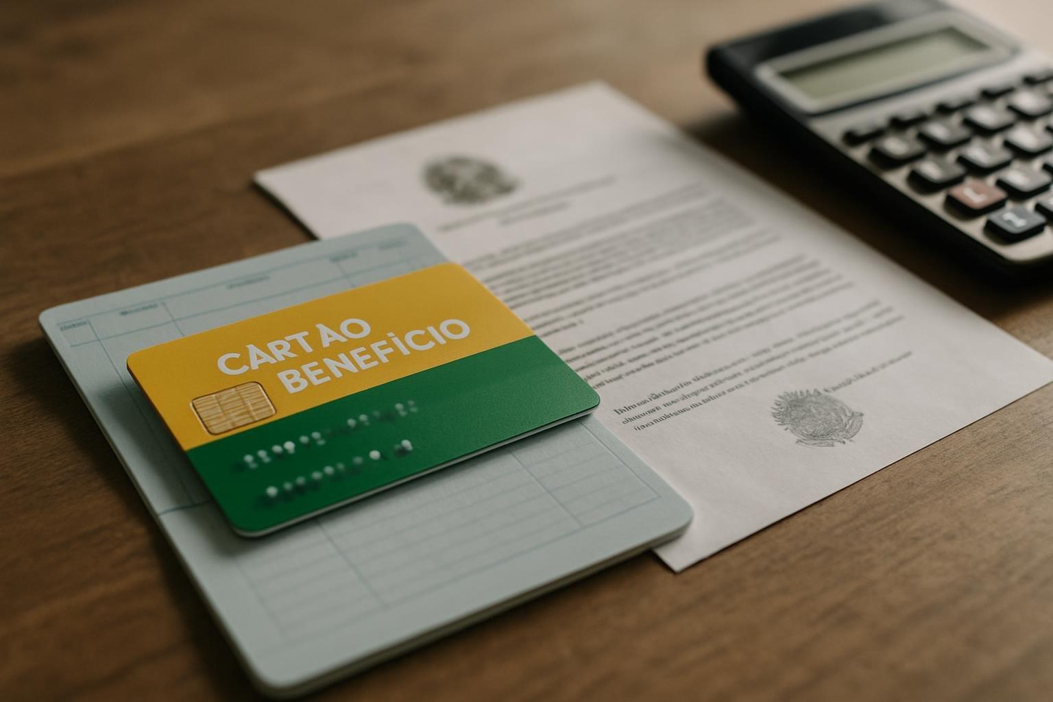 Cartão do Bolsa Família, caderneta e calculadora sobre mesa de madeira ao lado de decreto oficial