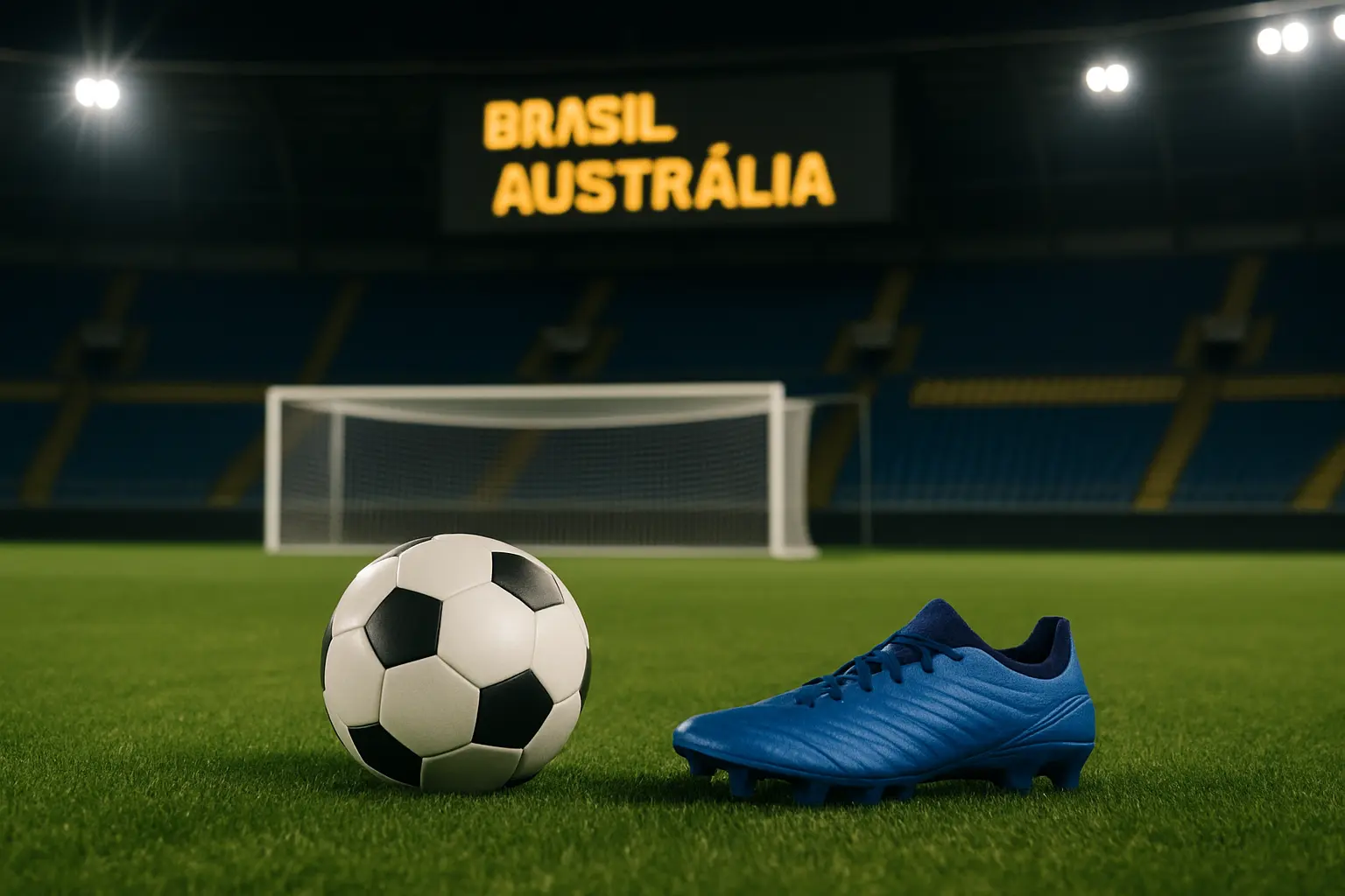 Bandeira do Brasil e bandeira da Austrália lado a lado sobre gramado de estádio, com placar ao fundo