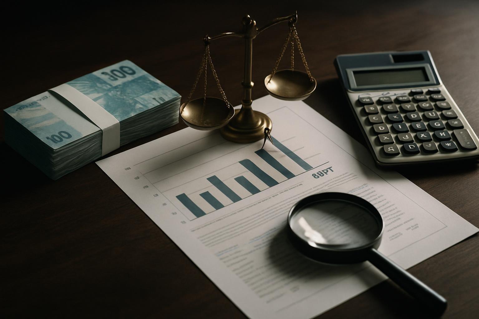 Notas de real, calculadora e balança sobre mesa escura ao lado de relatório financeiro com gráfico de barras