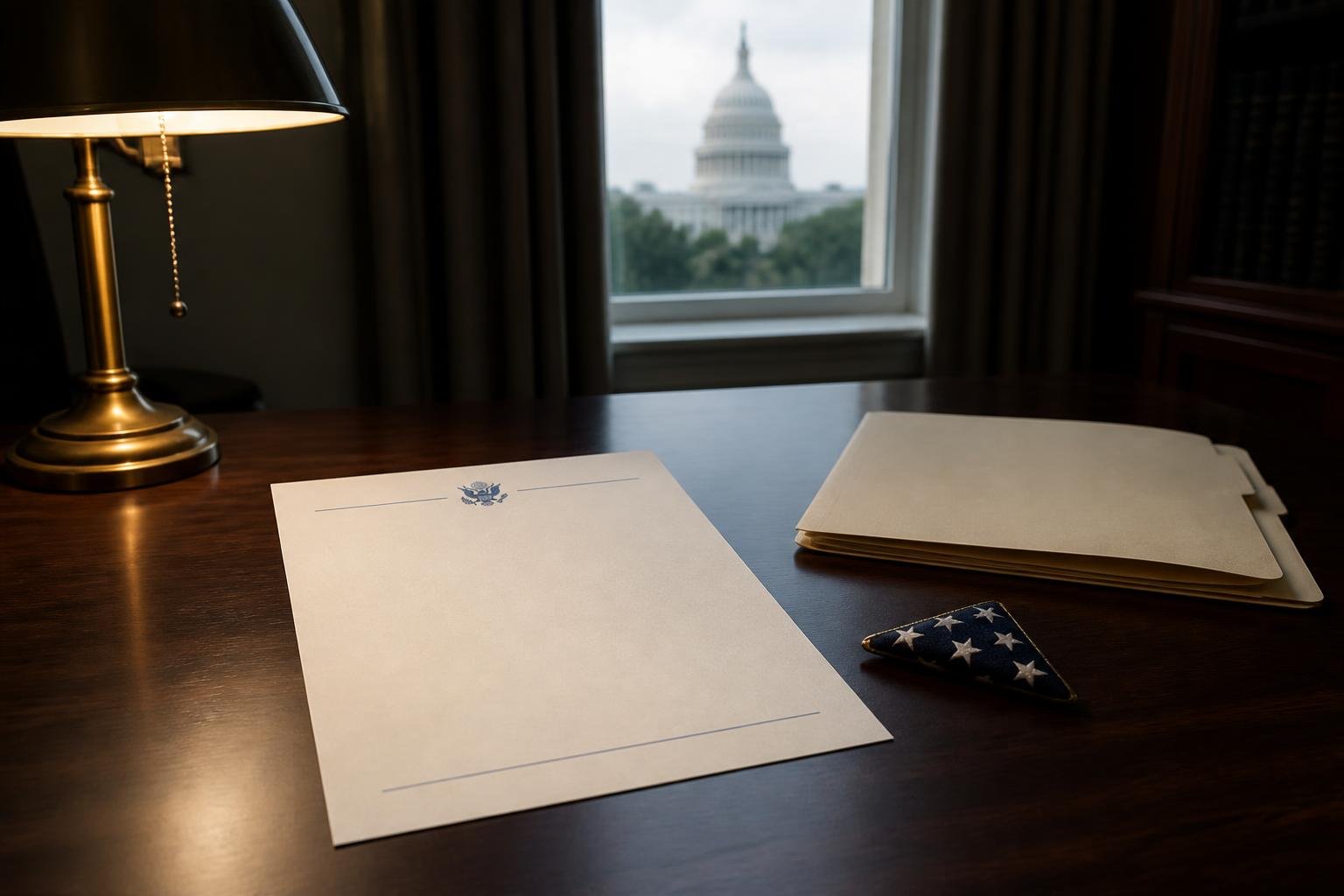 Carta oficial sobre mesa de madeira em escritório de Washington, com o Capitólio ao fundo pela janela