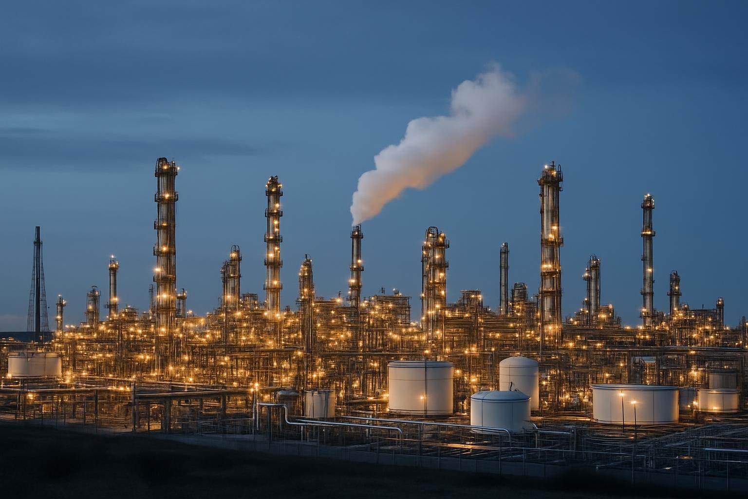 Refinaria de petróleo com torres de destilação e tanques de armazenamento iluminados ao anoitecer