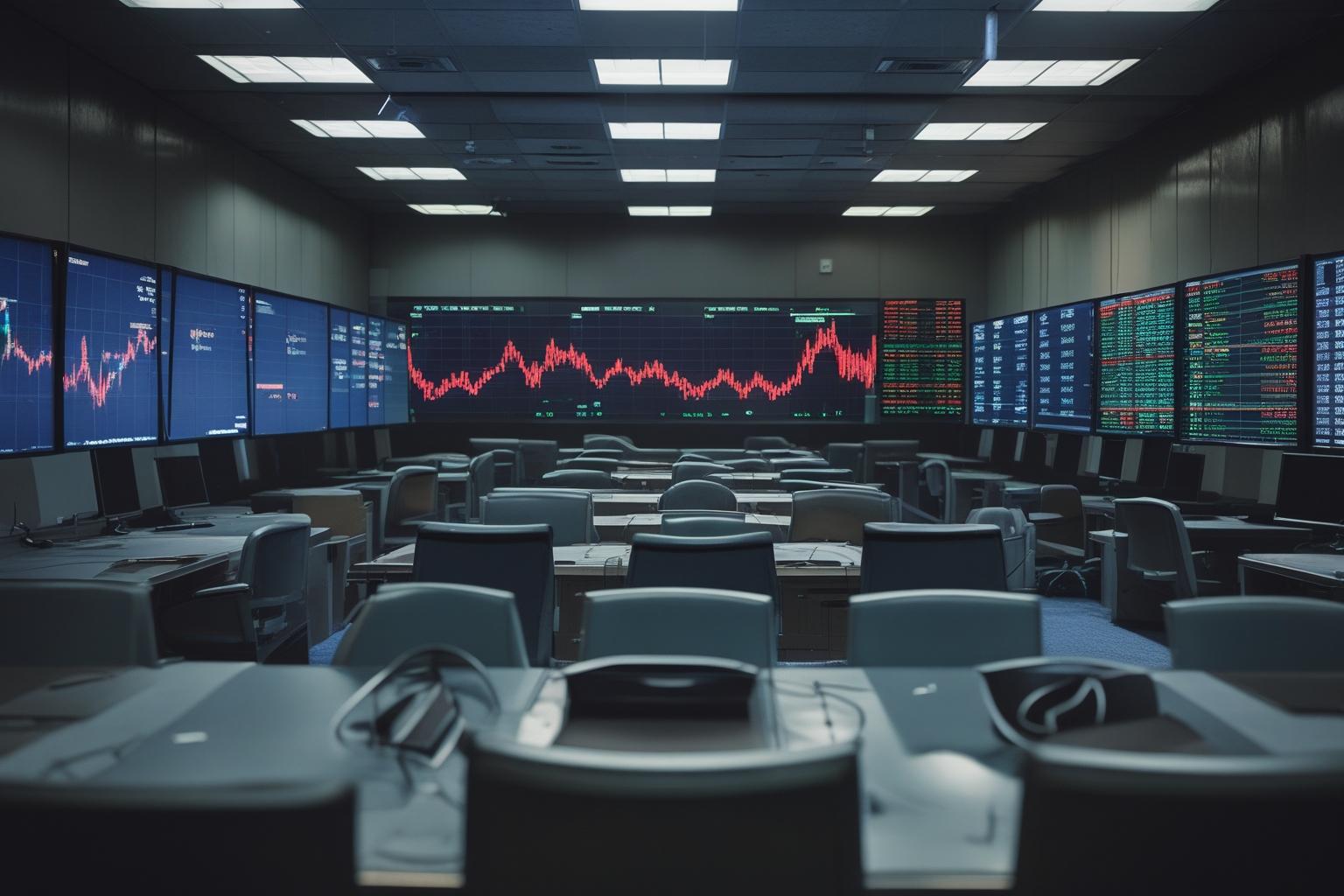 Sala de negociações da bolsa vazia com telas de computador exibindo gráficos de queda em vermelho