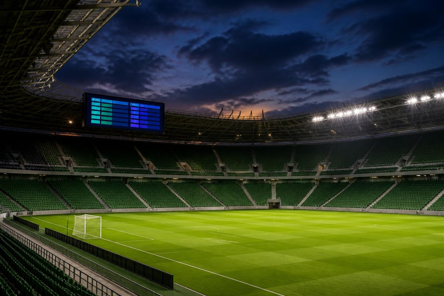 Placar eletrônico de estádio de futebol exibe tabela de classificação abstrata sobre o gramado vazio ao anoitecer