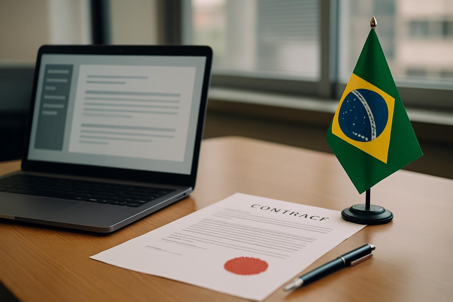 Mesa de escritório com contrato impresso, caneta e notebook exibindo documento, ao lado de bandeira do Brasil