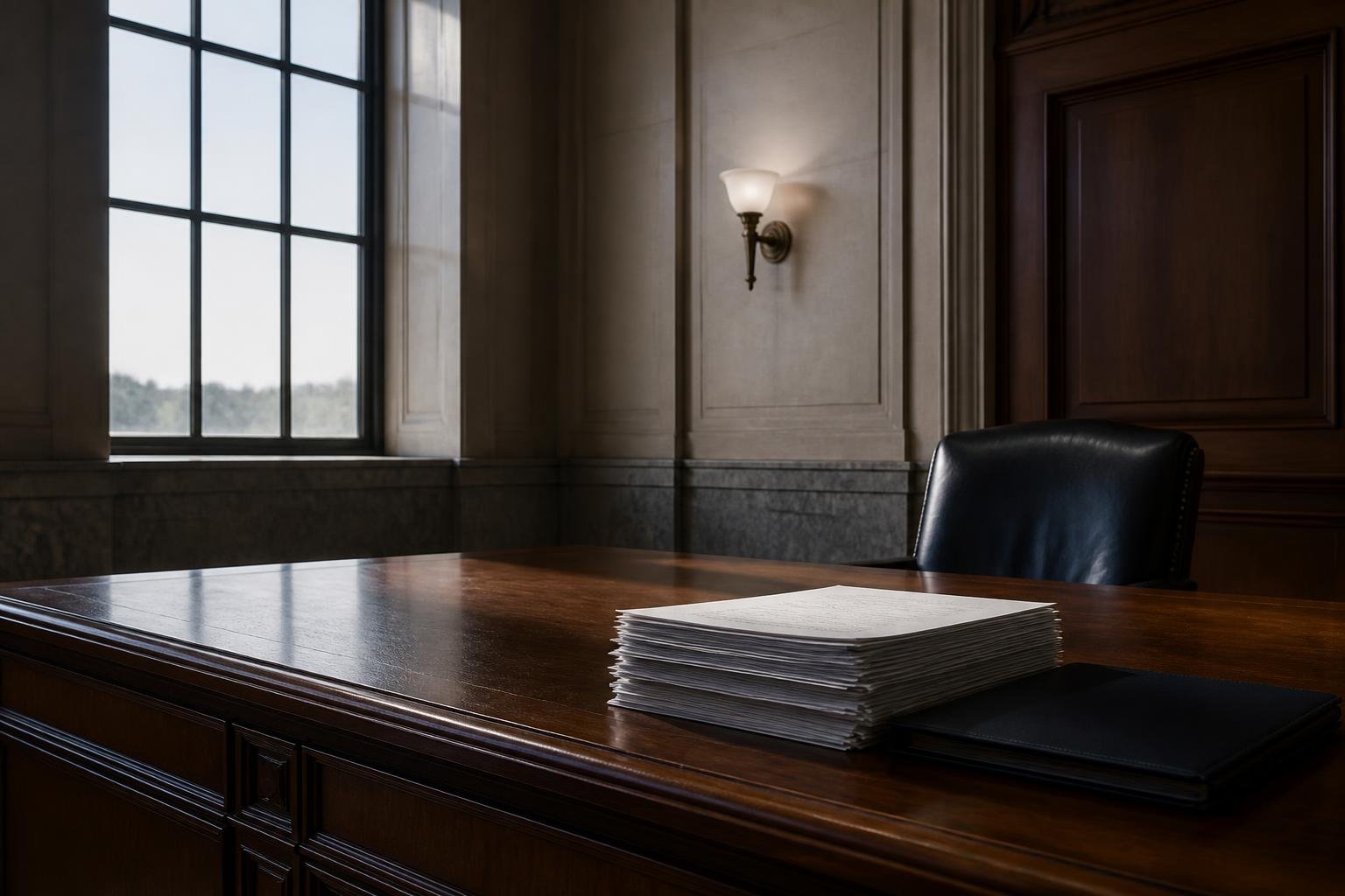 Sala de julgamento com mesa de madeira, documentos oficiais e pasta sobre a mesa, sem ninguém