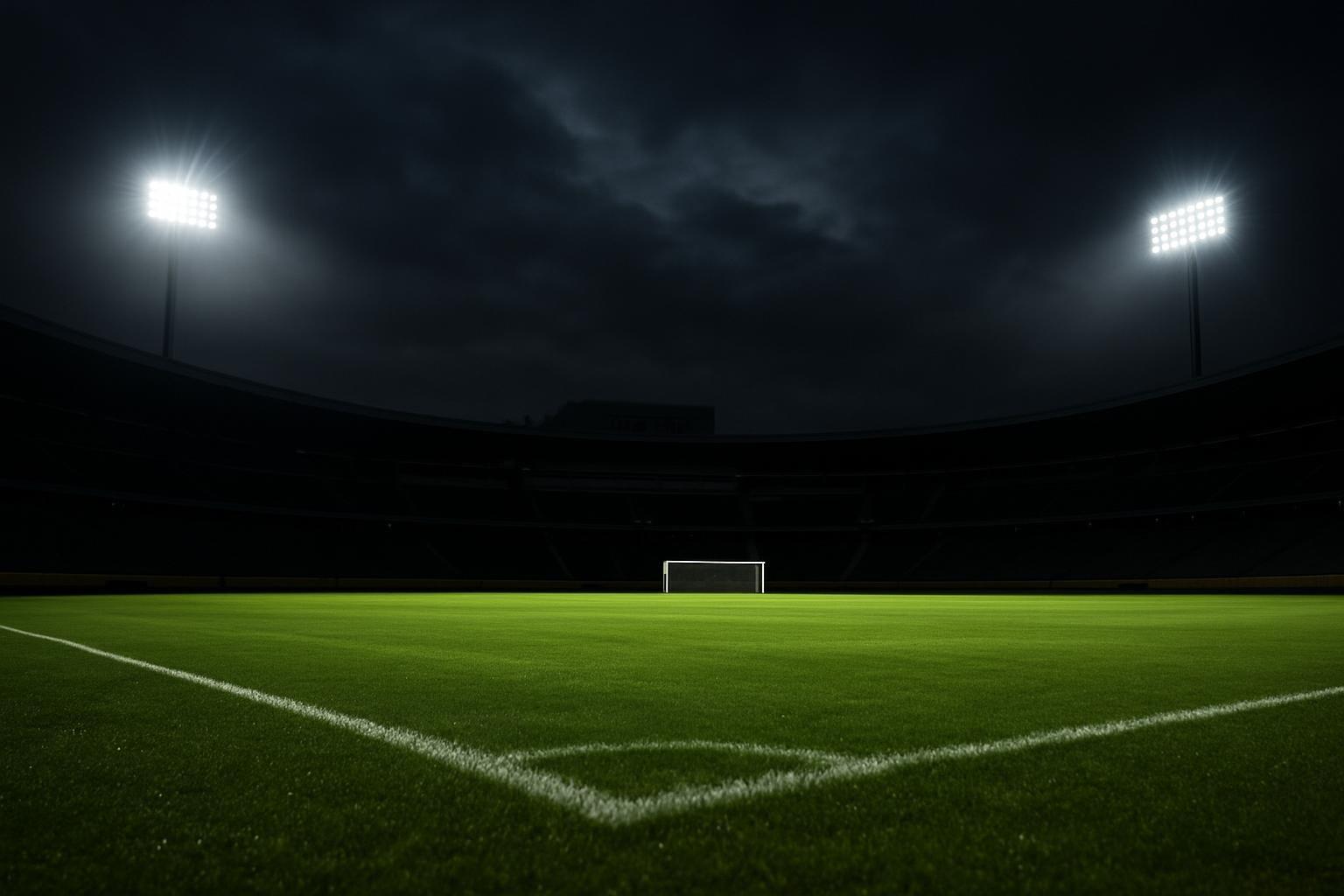 Estádio de futebol vazio à noite, com gramado iluminado por refletores e traves ao fundo