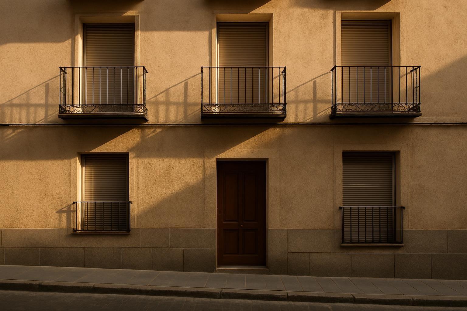 Prédio de apartamentos residencial em Madri com fachada de janelas e varandas, visto da rua vazia sob luz de fim de tarde