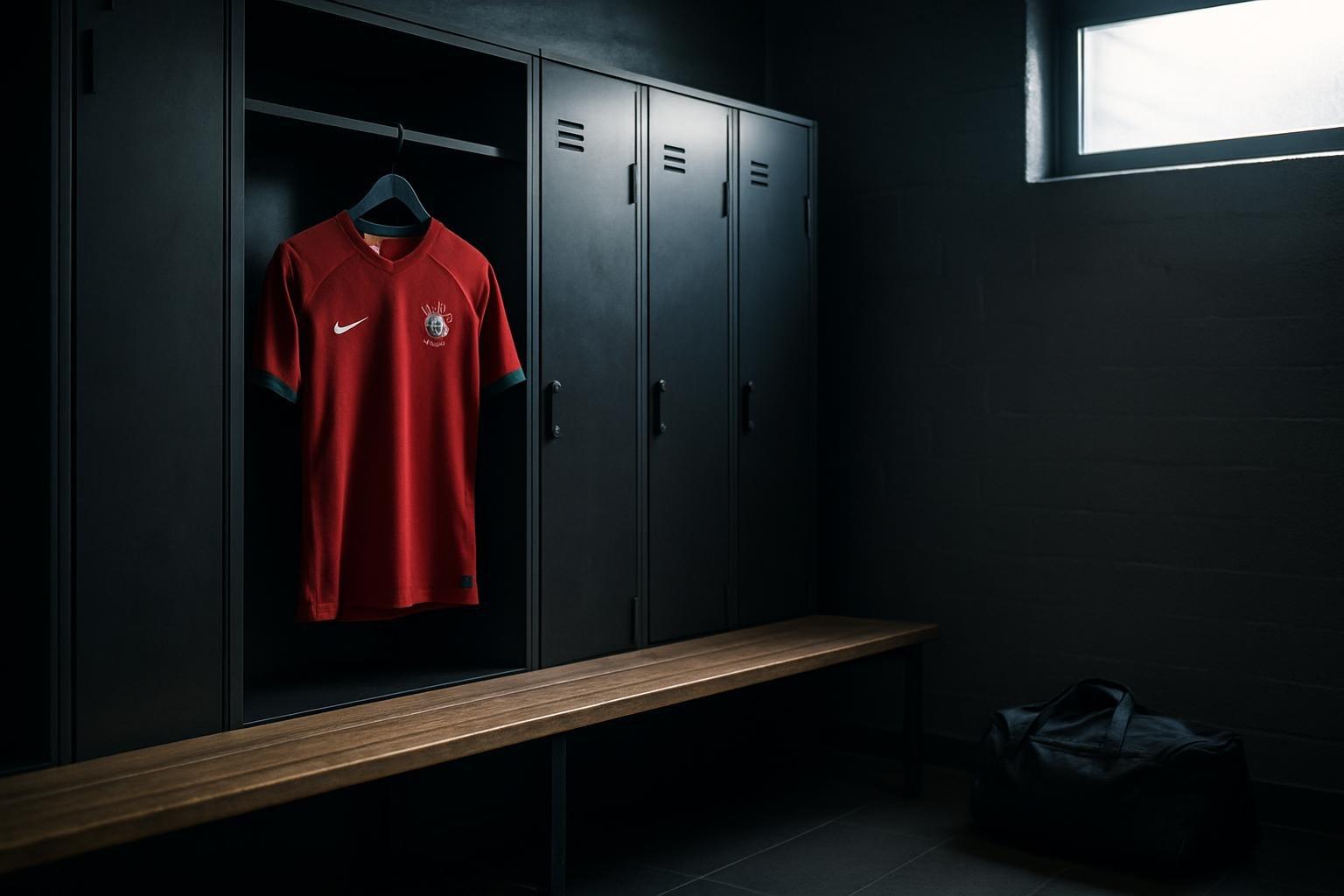 Vestiário vazio com camisa de Portugal pendurada e bolsa de treino no chão, após a saída de Ronaldo da concentração