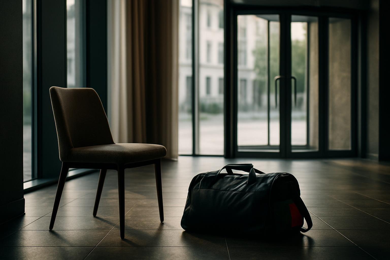 Mala de viagem da seleção de Portugal sozinha no saguão de um hotel em Copenhague, com uma cadeira vazia ao lado