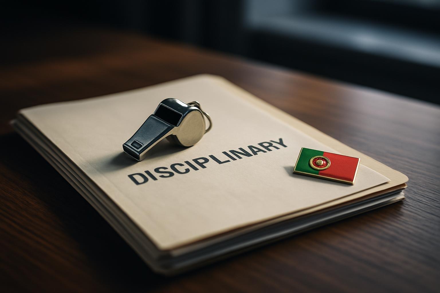 Documentos oficiais de processo disciplinar e apito sobre mesa de madeira em escritório com luz natural