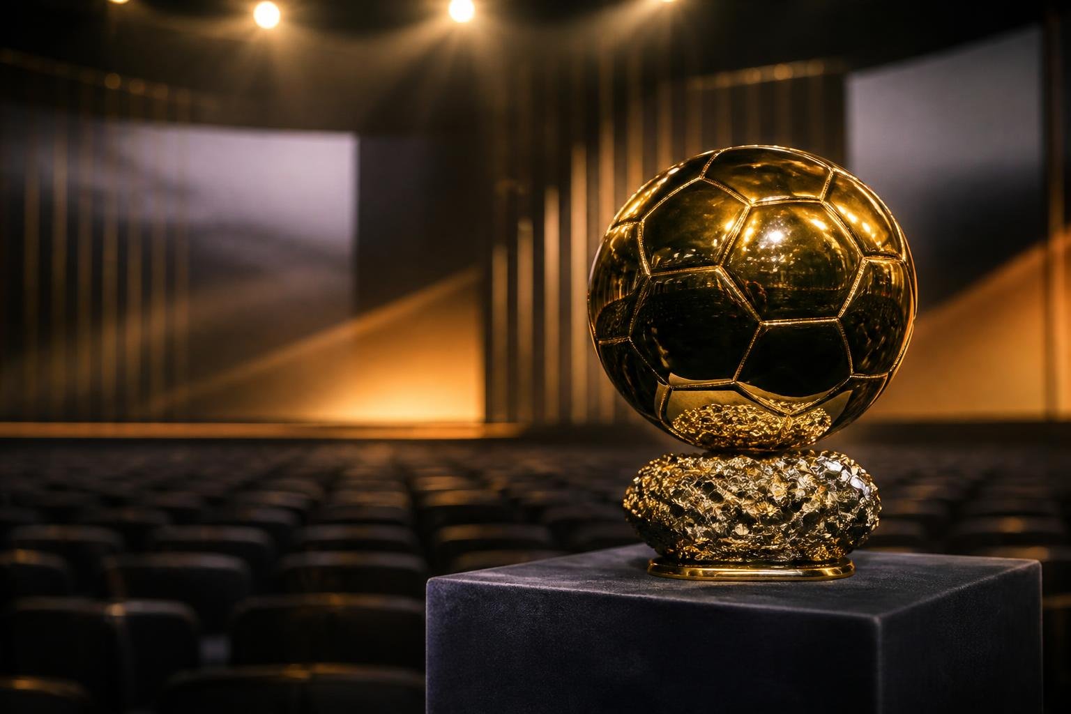 Troféu de bola dourada sobre pedestal de veludo em salão de cerimônia com cadeiras vazias ao fundo