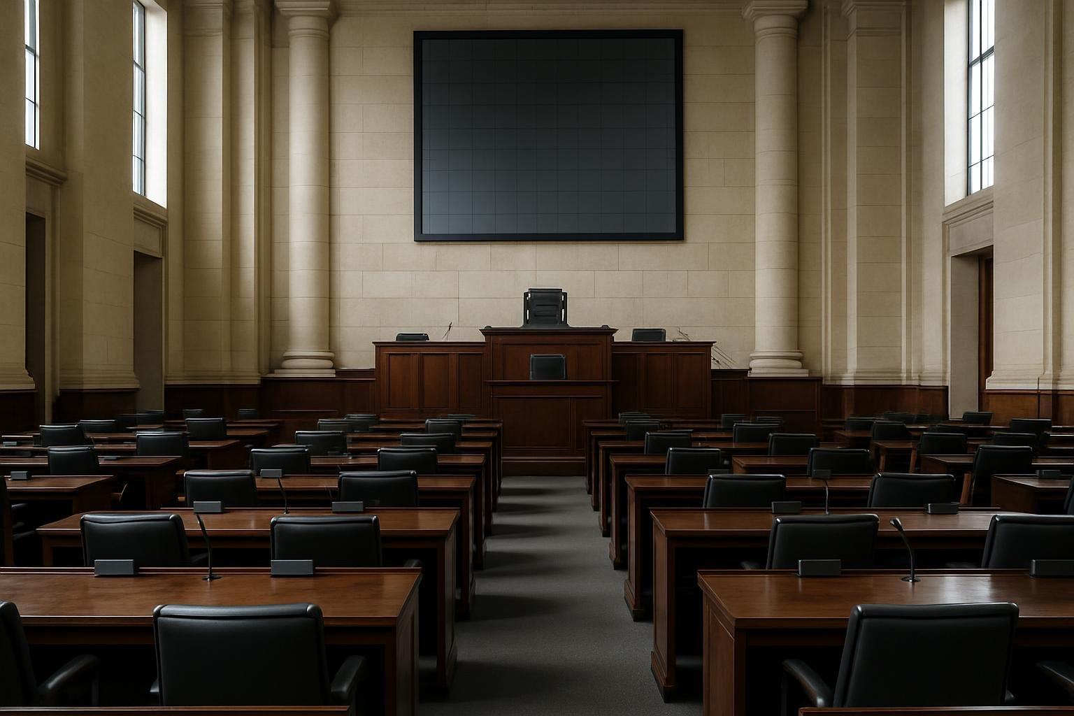 Plenário vazio da Alerj com cadeiras, mesas de deputados e painel de votação ao fundo