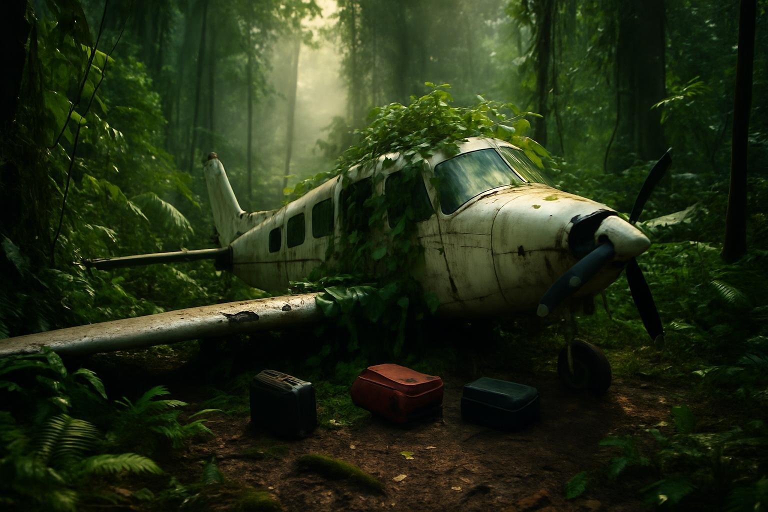 Avião de pequeno porte caído entre árvores e vegetação densa da Floresta Amazônica, com mala espalhada no chão
