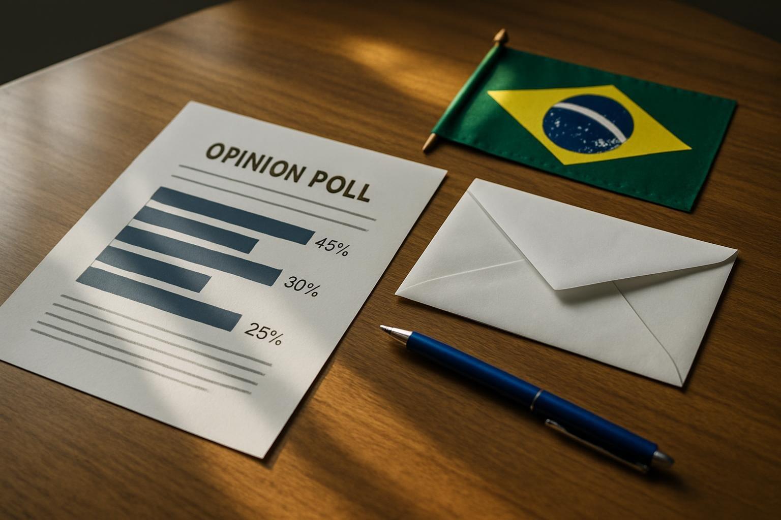 Relatório impresso de pesquisa eleitoral com gráficos e caneta sobre mesa de madeira ao lado de uma bandeira do Brasil