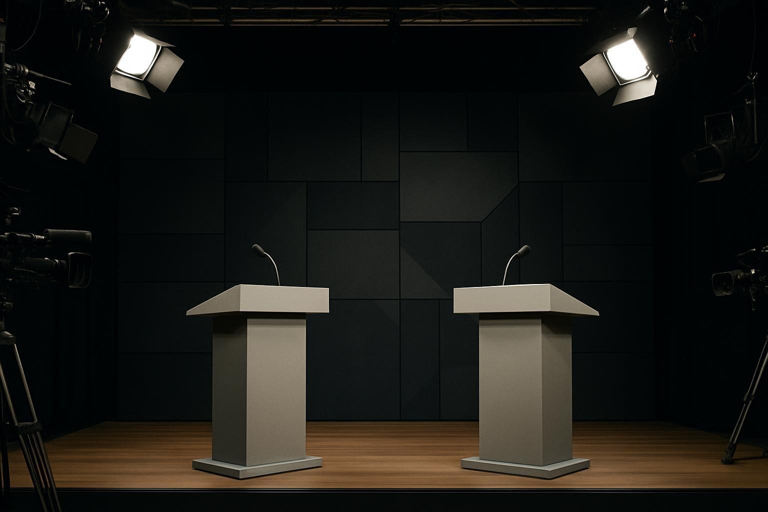 Estúdio de TV com dois púlpitos vazios frente a frente para o debate entre Lula e Flávio na Band