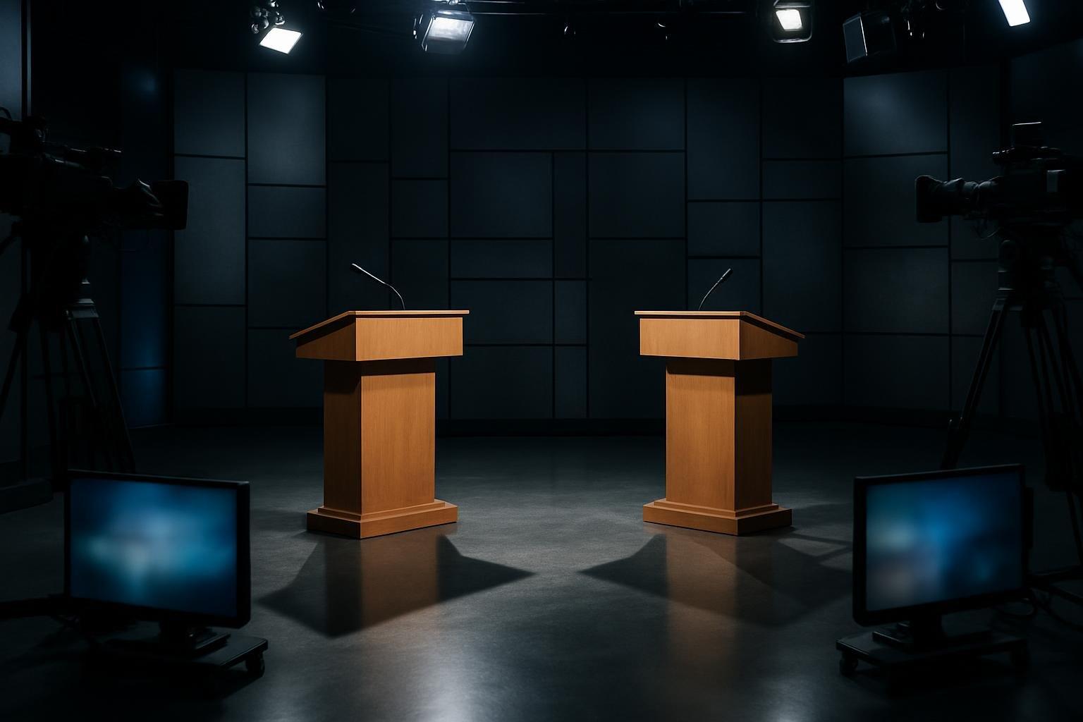 Estúdio de TV vazio com dois púlpitos frente a frente após o debate eleitoral, câmeras e monitores ao fundo