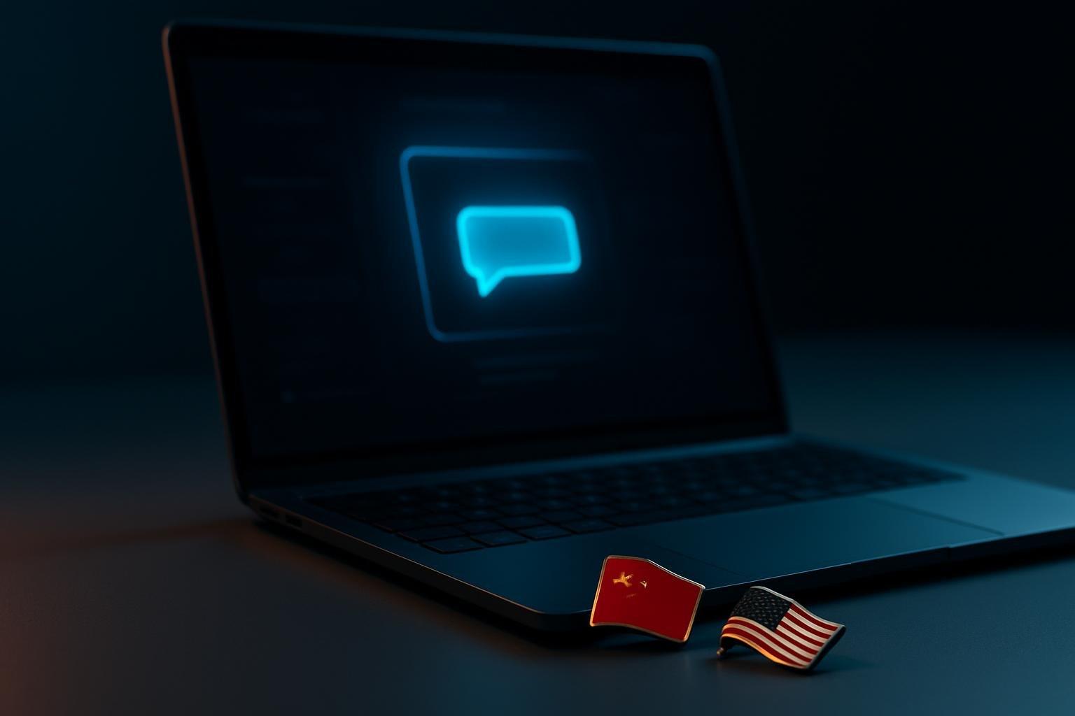 Notebook sobre mesa de escritório com interface de chat na tela e bandeiras da China e dos EUA ao lado