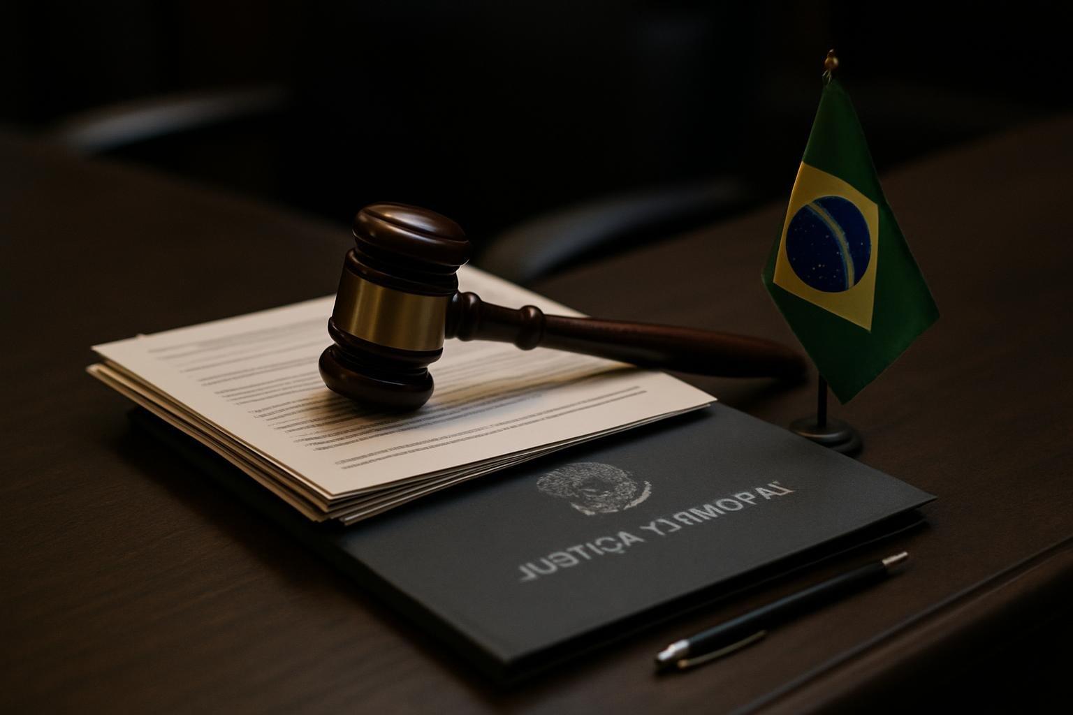 Martelo de juiz sobre documentos eleitorais e pasta do TSE em bancada de tribunal, com bandeira do Brasil ao lado