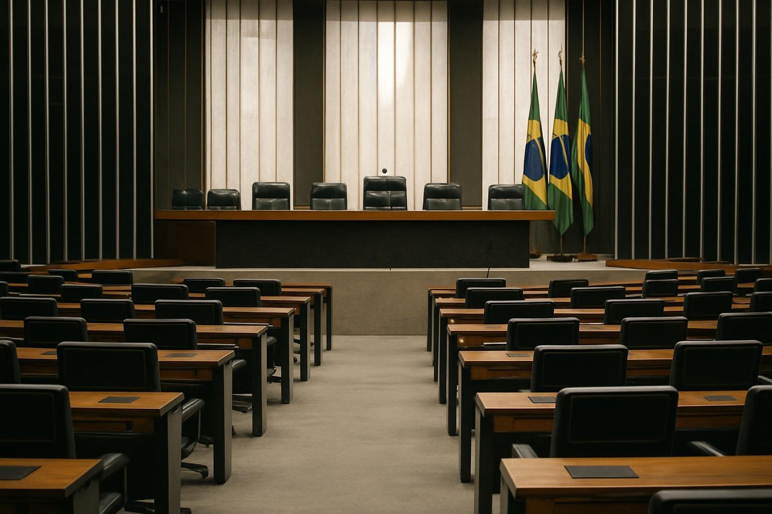 Plenário vazio da Câmara dos Deputados em Brasília, com cadeiras e bancadas organizadas e bandeiras ao fundo
