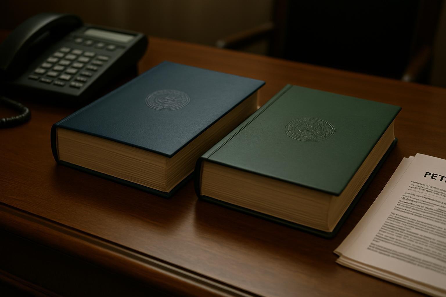 Duas pastas de documentos lacradas sobre uma mesa de gabinete, ao lado de um telefone e petições impressas