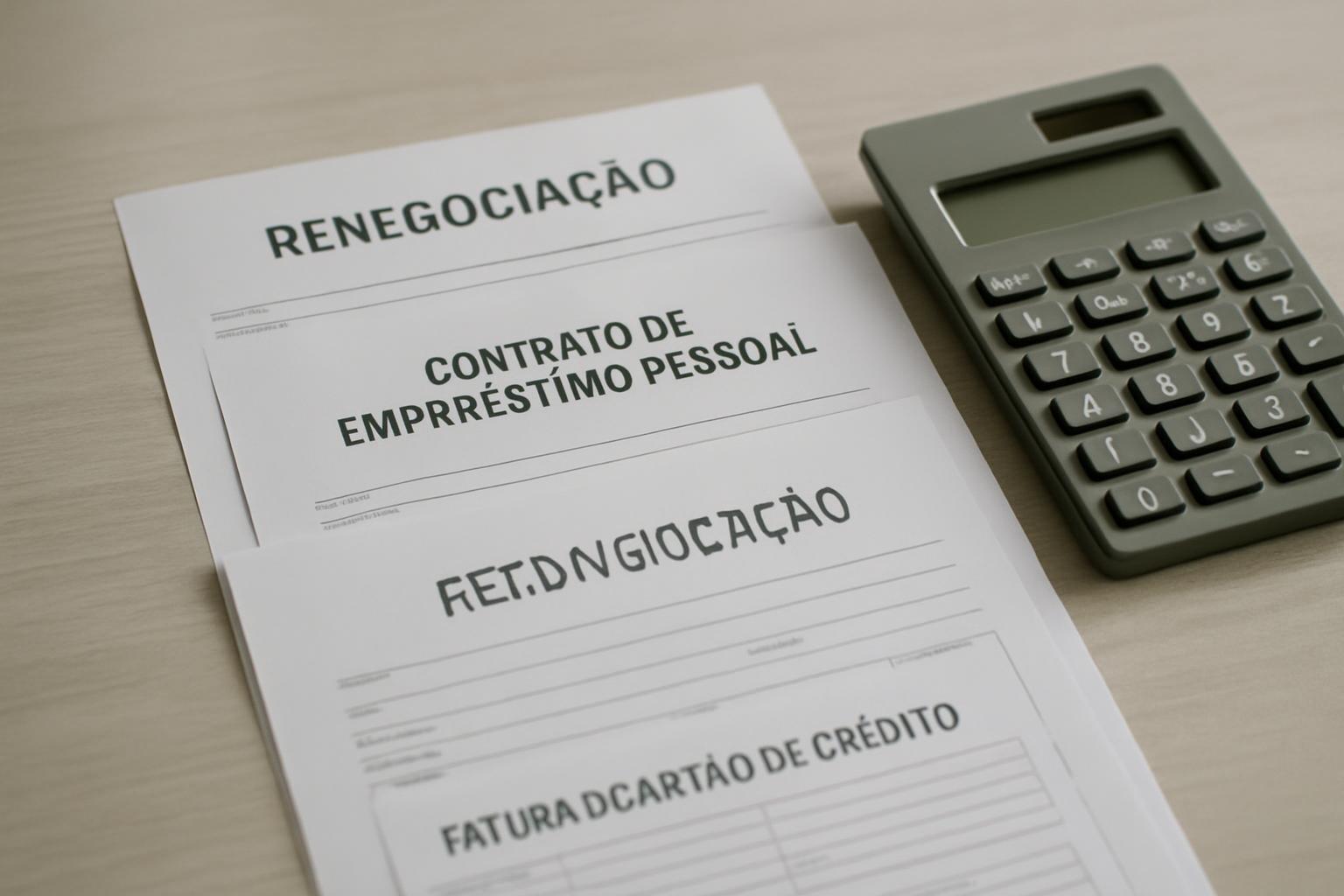 Papelada de dívida, fatura de cartão e contrato de empréstimo sobre uma mesa