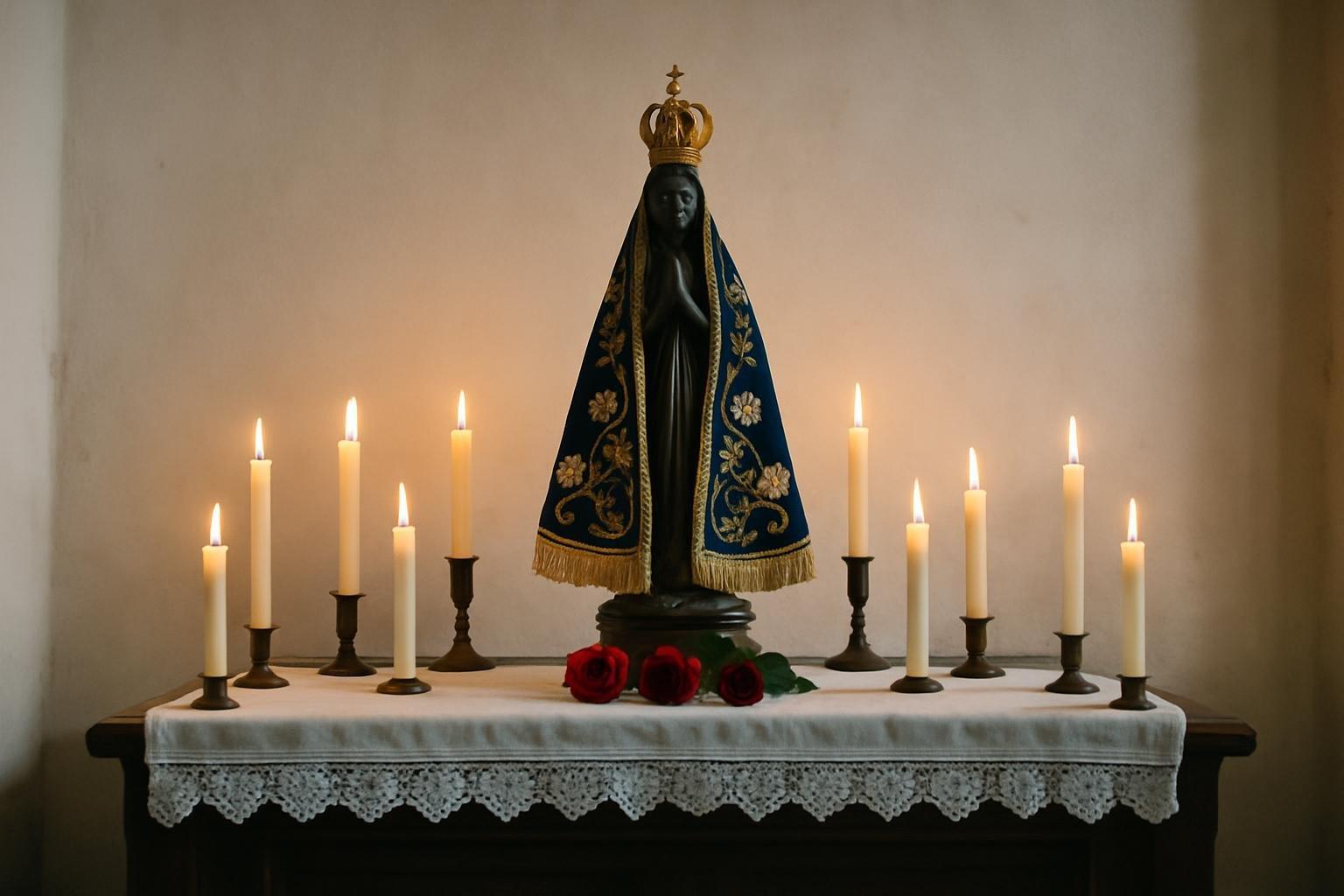 Altar de igreja com a imagem de Nossa Senhora Aparecida cercada por velas acesas e flores