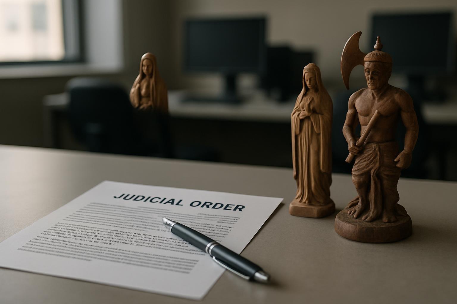 Mesa com documento de decisão judicial, caneta e imagens religiosas de santo católico e orixá de Umbanda