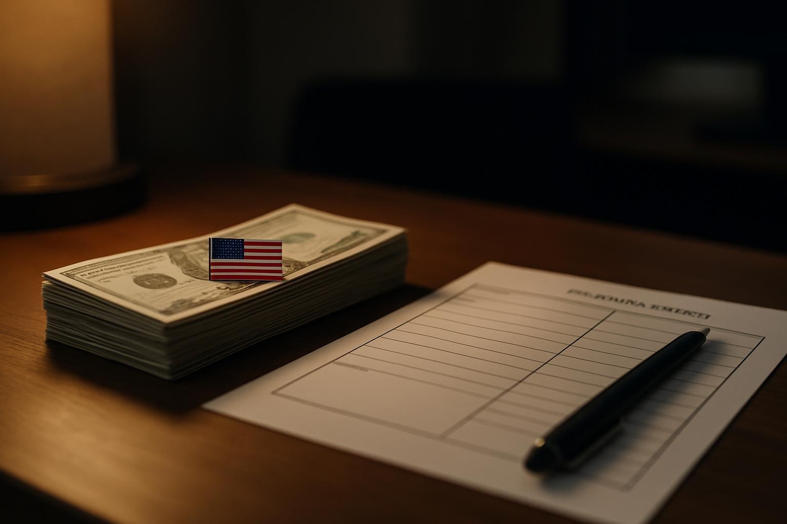 Pilha de dólares sobre mesa de escritório ao lado de formulário de relatório financeiro e caneta