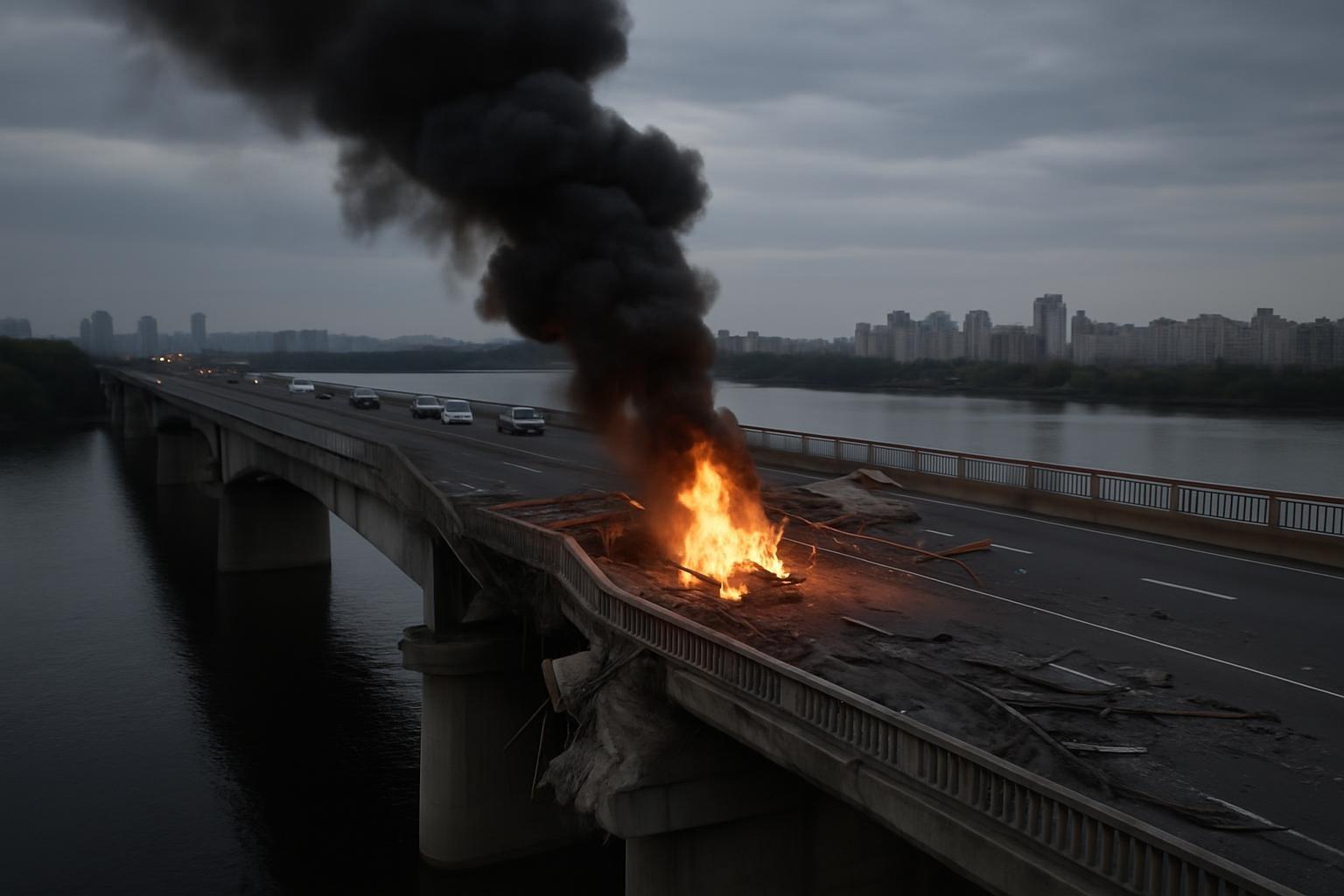 Ponte Norte de Kiev danificada com coluna de fumaça preta e chamas após ataque de drone russo