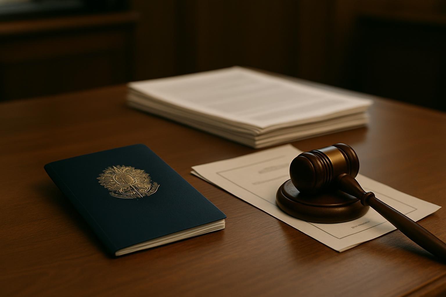 Passaporte brasileiro cancelado sobre mesa de gabinete com documentos judiciais e martelo, em cena que remete à condenação e ao mandado de prisão
