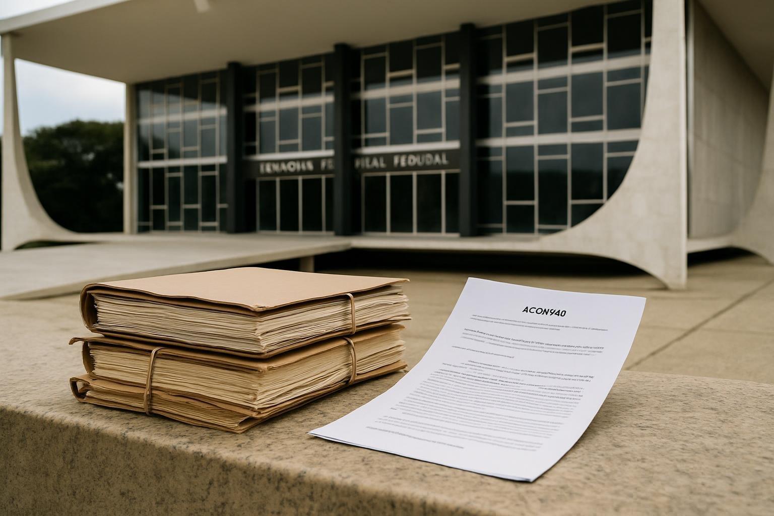 Fachada do STF com processos e decisão judicial em primeiro plano
