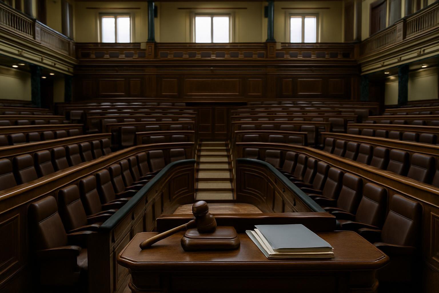 Interior do parlamento espanhol com bancadas vazias, púlpito de madeira e documentos oficiais sobre a mesa