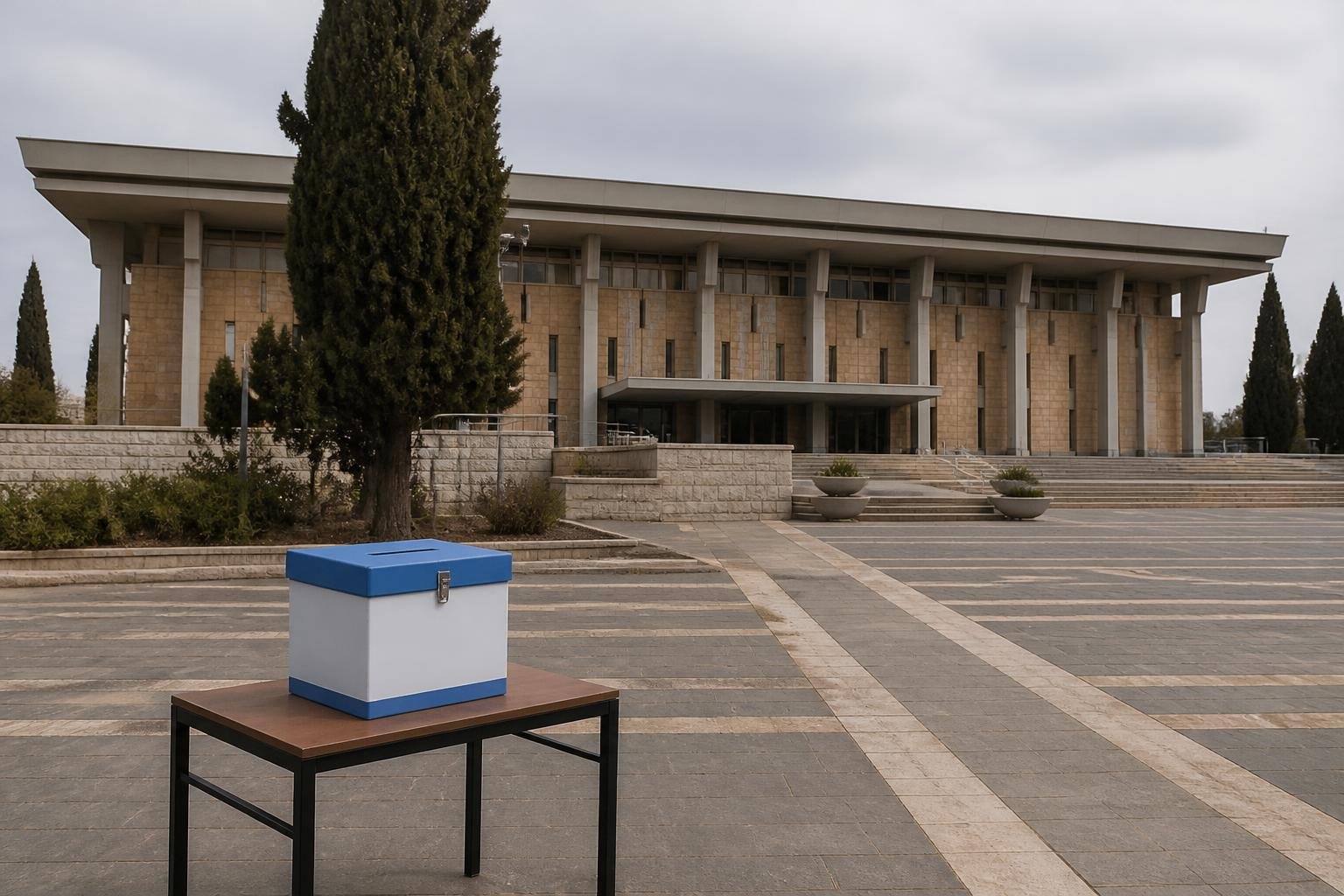 Fachada do Knesset em Jerusalém com uma urna eleitoral solitária sobre uma mesa na praça em frente ao prédio