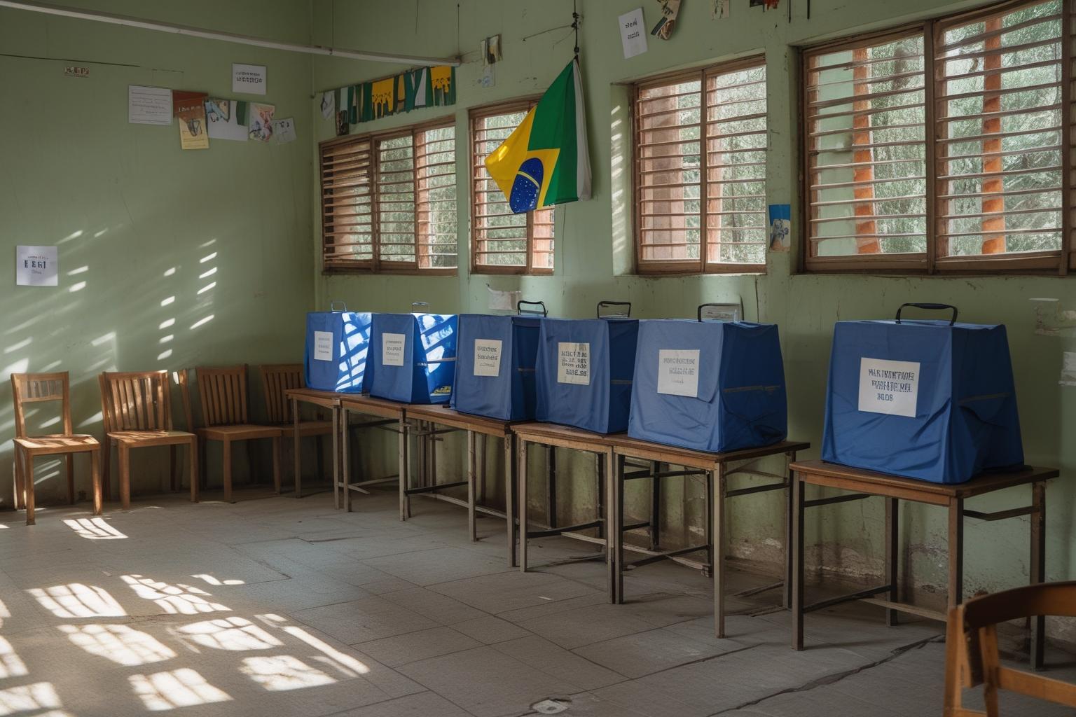 Seções eleitorais com urnas eletrônicas enfileiradas em sala de aula vazia em Roraima