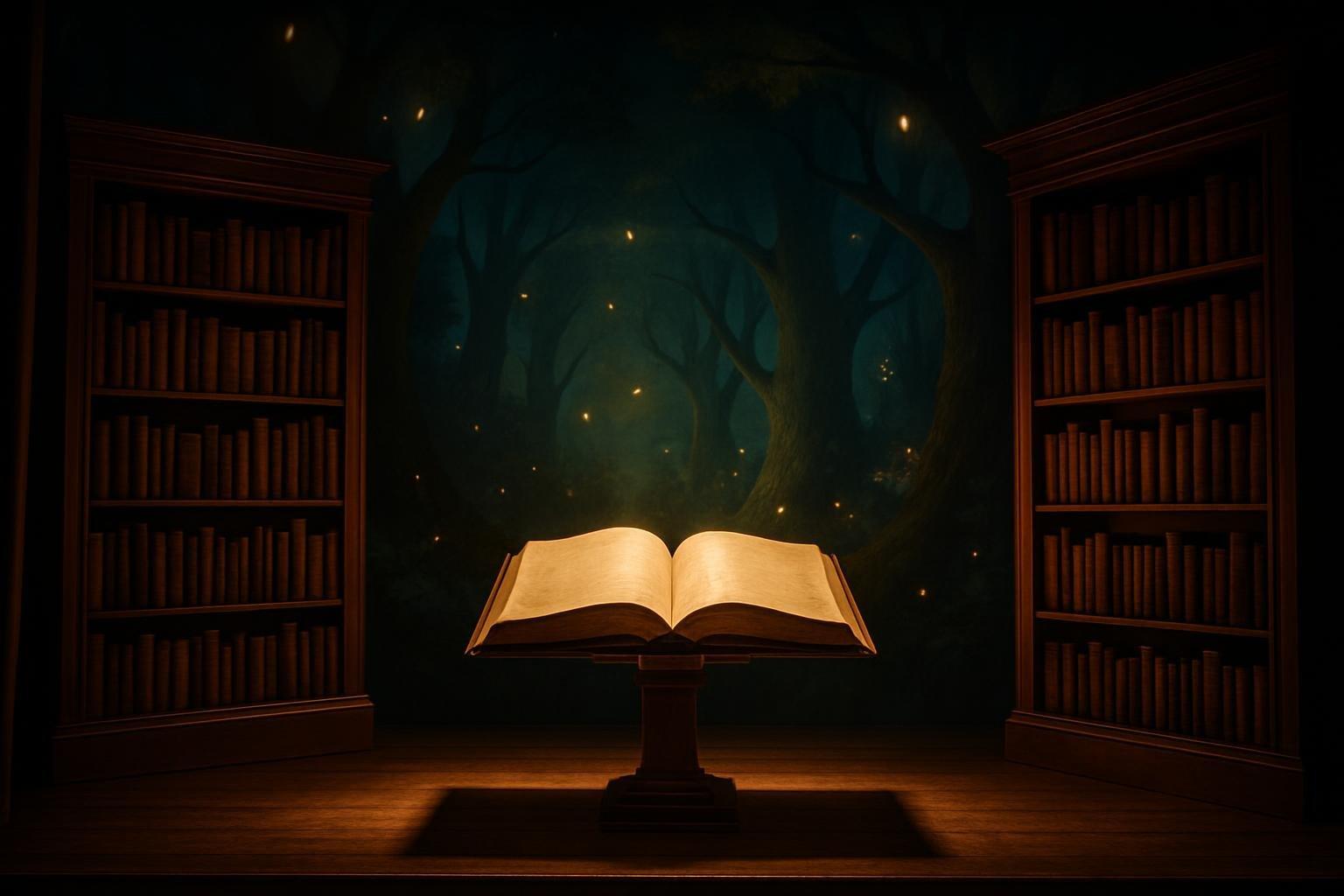 Cenário de biblioteca mágica com estante de livros e floresta encantada ao fundo, palco do Show da Esperança