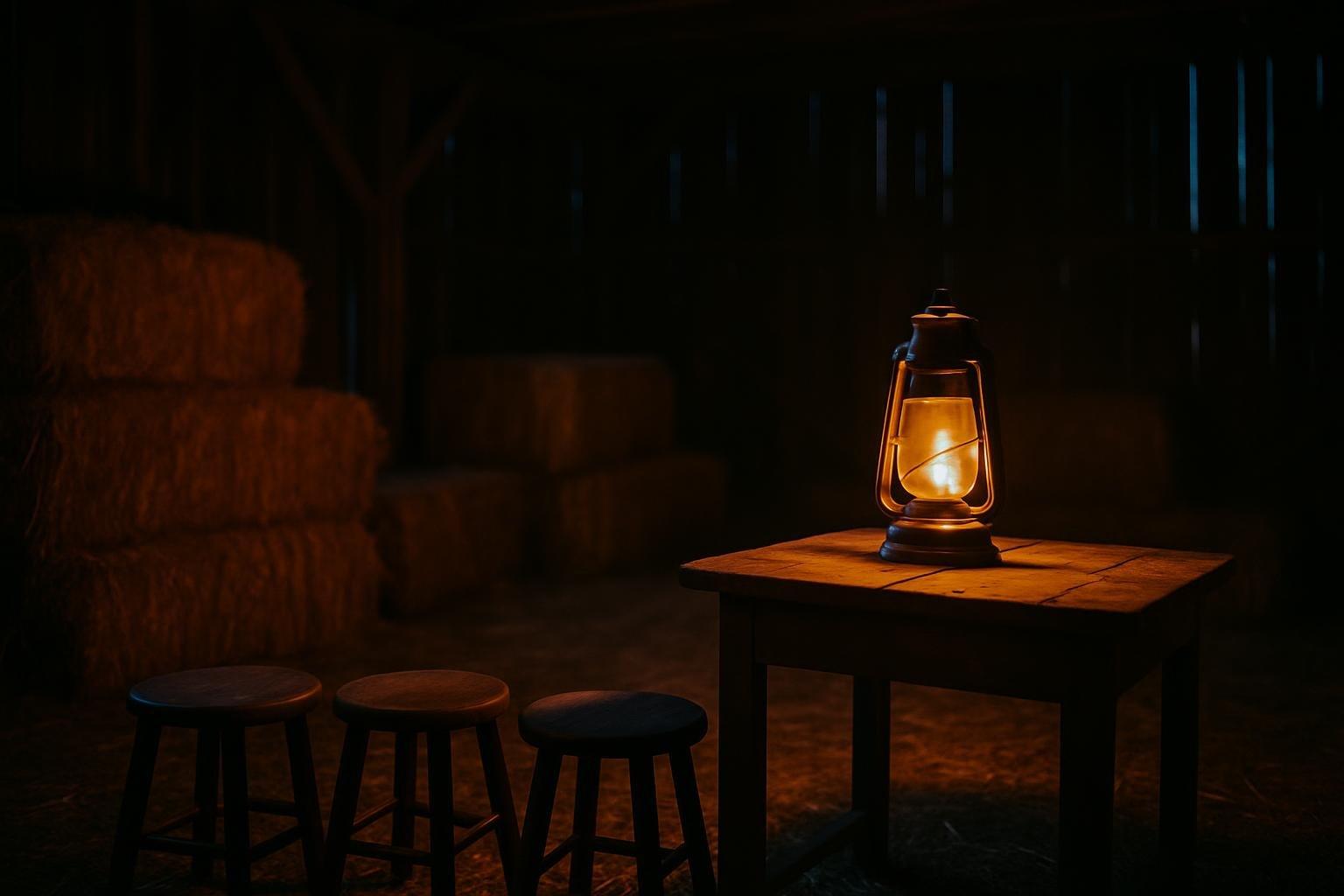 Celeiro rústico de fazenda com fardos de feno e três bancos vazios iluminados por lanterna sobre mesa de madeira