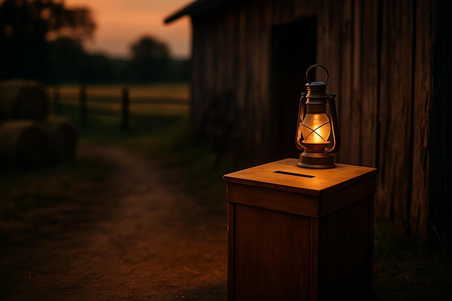 Cabine de votação rústica em cenário de fazenda ao entardecer, com celeiro e fardos de feno ao fundo