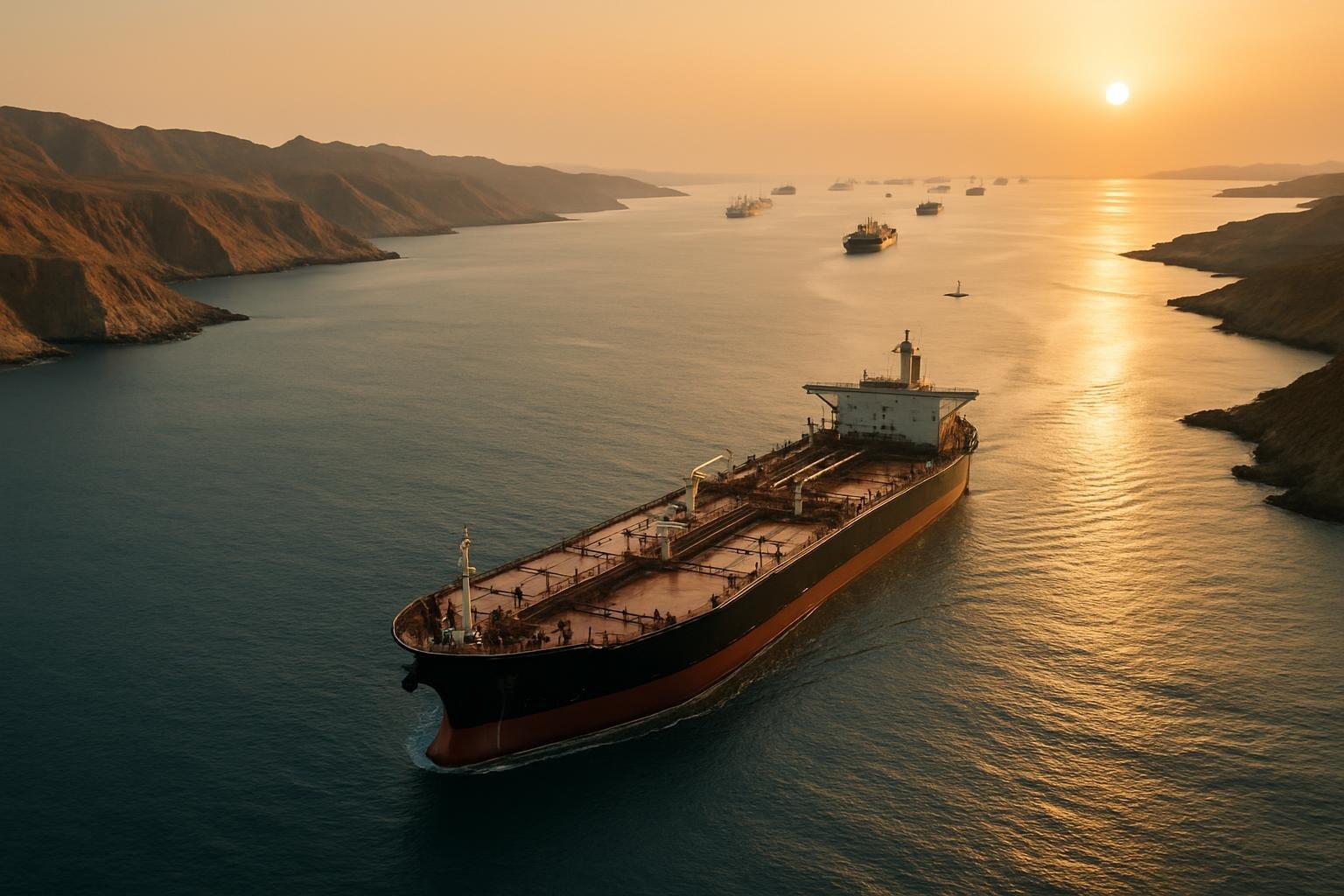 Vista aérea do Estreito de Ormuz com navios petroleiros navegando entre costas áridas sob luz dourada