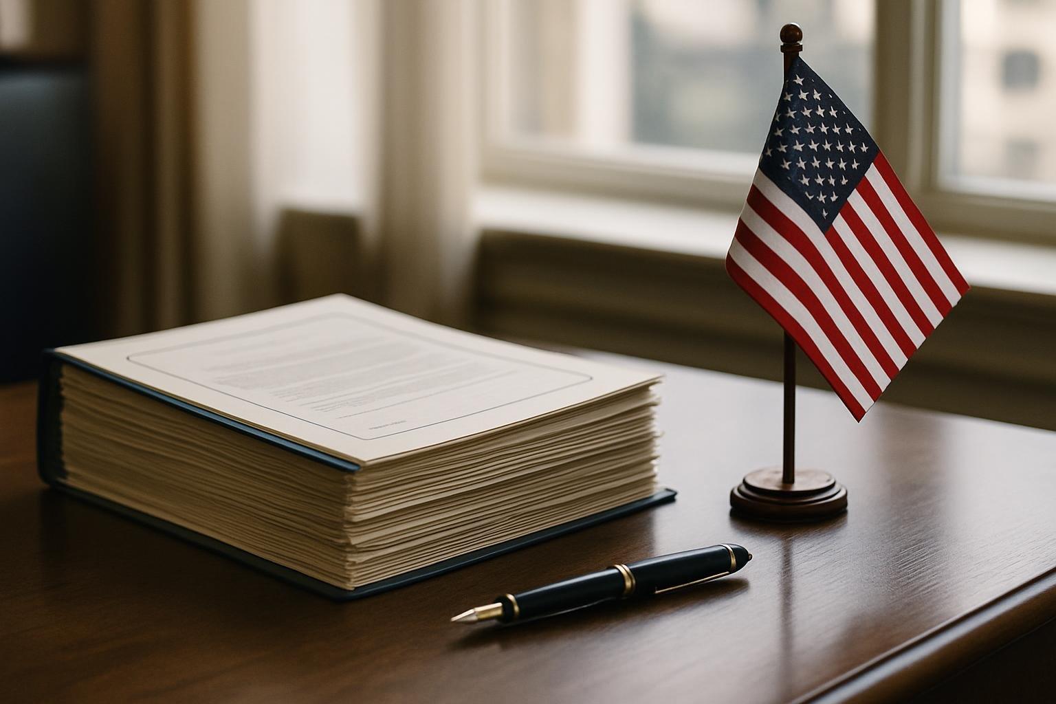 Mesa de escritório com documentos oficiais, caneta e bandeira dos EUA, representando o financiamento americano a projeto contra o STF