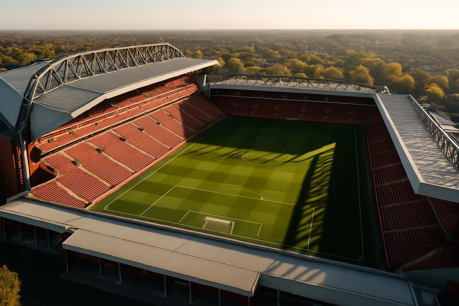Vista aérea do estádio de futebol em Liverpool com o gramado pronto para Everton x Chelsea
