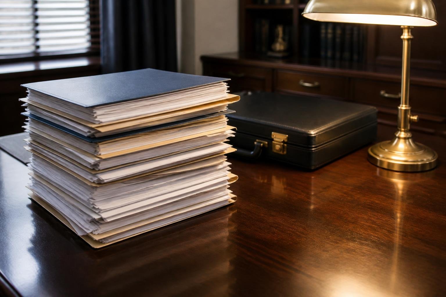 Pilha de documentos e pastas de inquérito sobre mesa de madeira escura com maleta e luminária de escritório