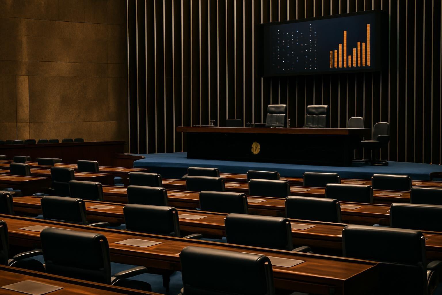 Plenário vazio do Senado com painel eletrônico de votação aceso e cadeiras vazias