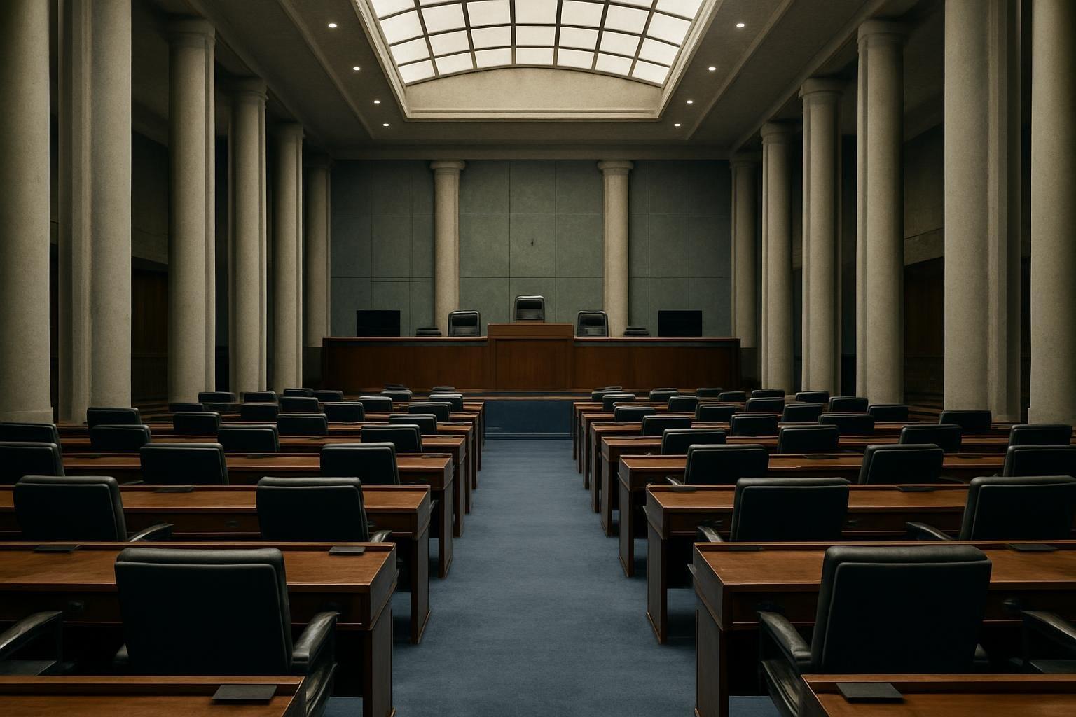 Plenário do Senado vazio, com cadeiras e mesas escuras enfileiradas e a mesa diretora ao fundo