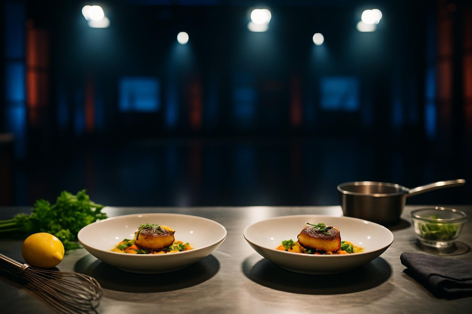 Bancada de cozinha profissional com dois pratos finalizados e utensílios, sob luzes de estúdio