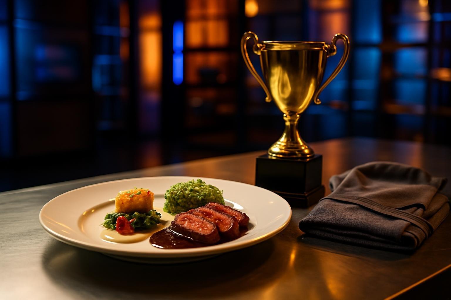 Prato autoral de final de MasterChef com troféu dourado e avental de chef em bancada de cozinha profissional