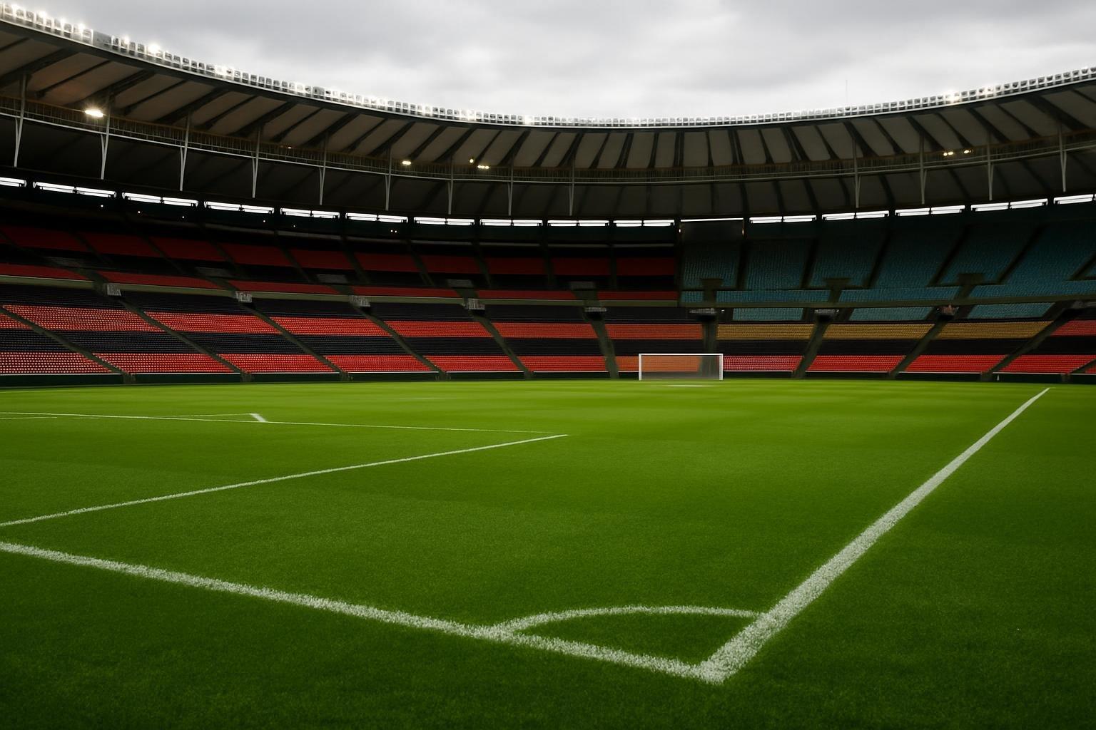 Campo de futebol vazio em estádio com arquibancadas rubro-negras ao fundo, em dia claro