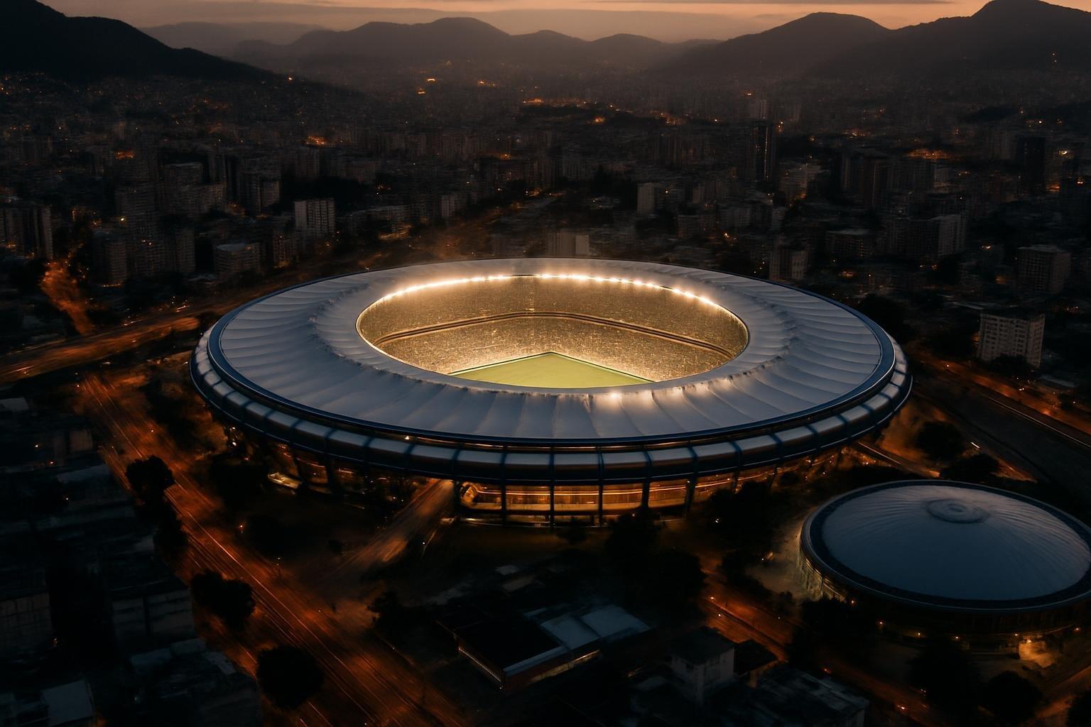 Vista aérea do Maracanã iluminado ao anoitecer, com o gramado verde e o Maracanãzinho ao lado