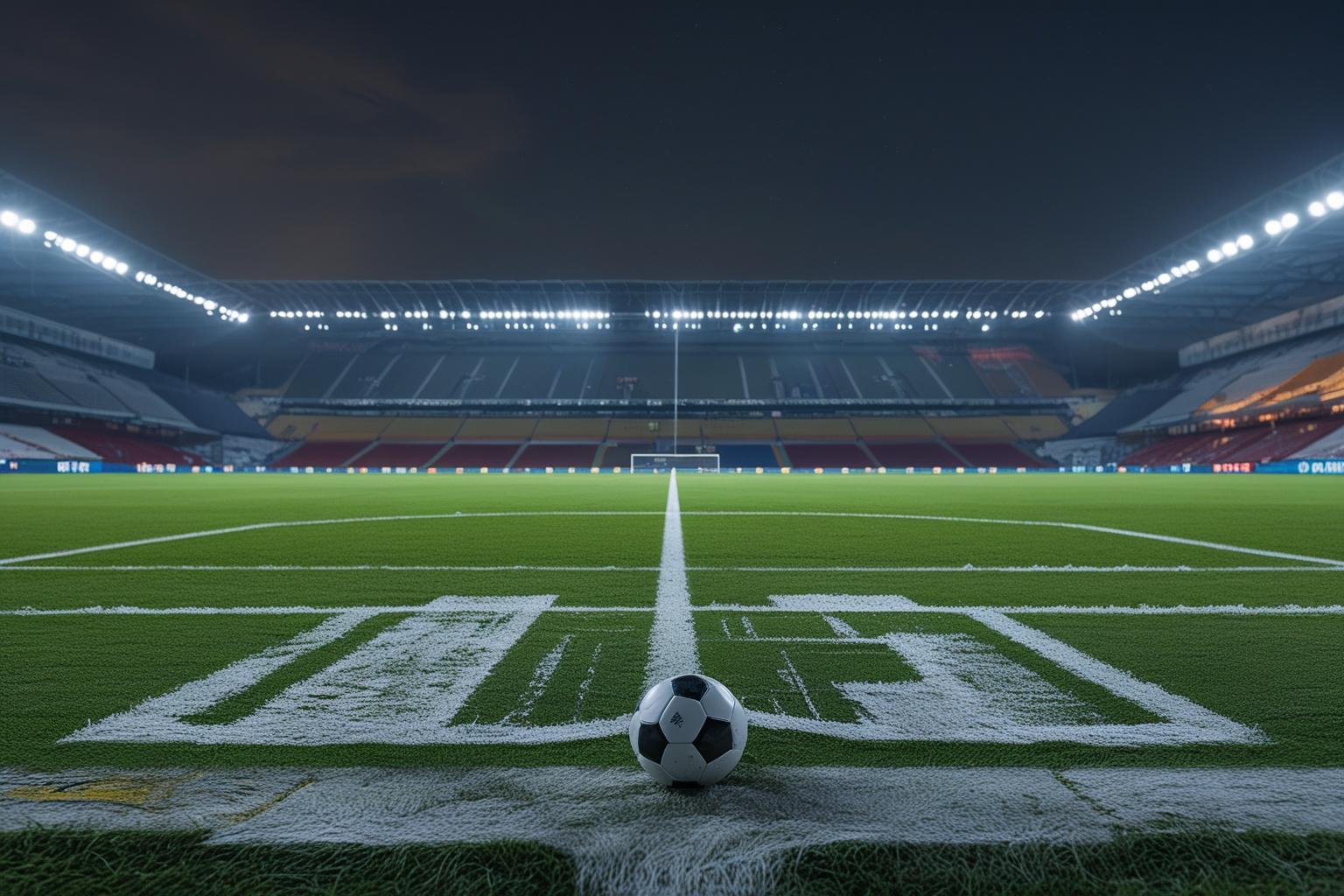 Campo do Maracanã à noite com a bola parada na marca do pênalti e as arquibancadas iluminadas ao fundo